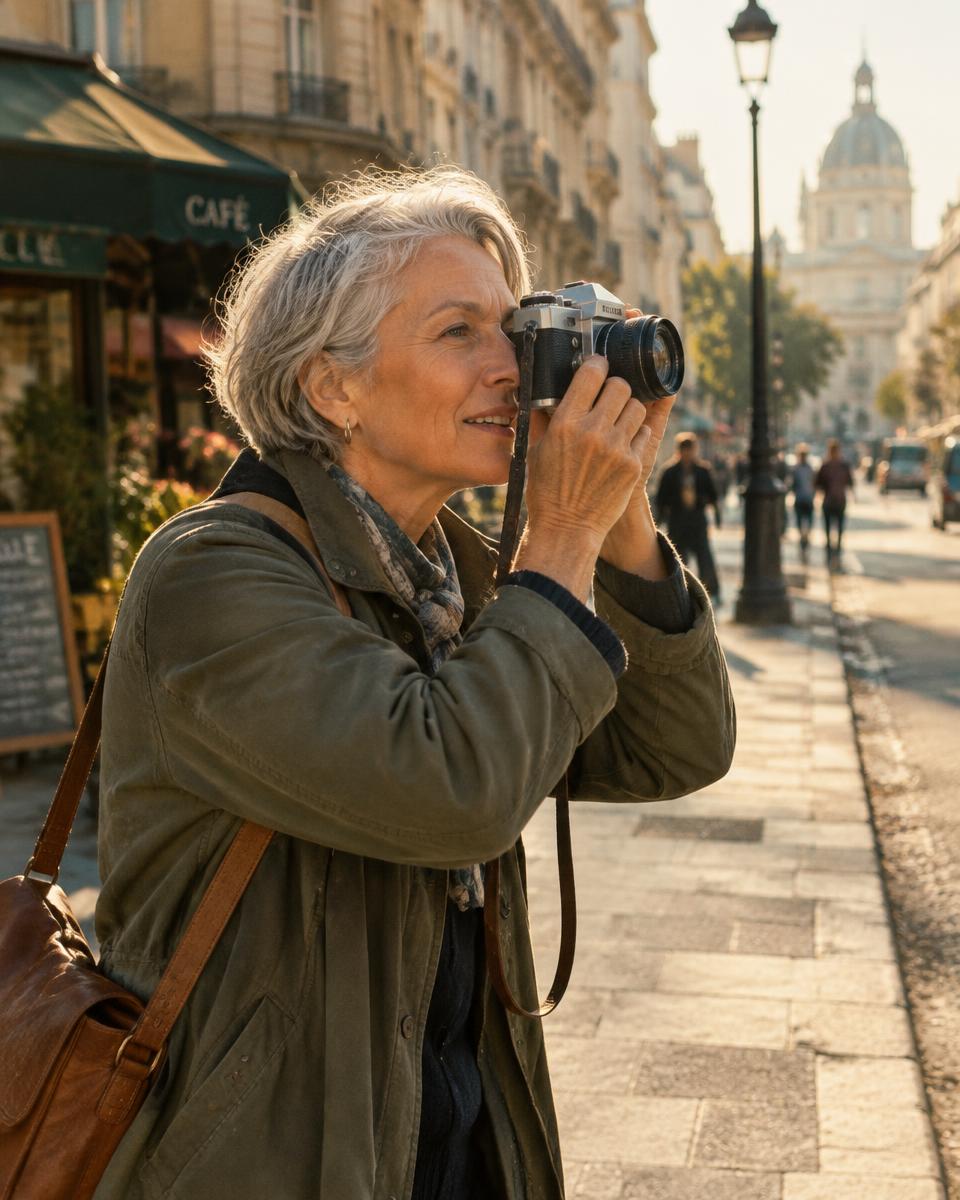 Woman photographing a street